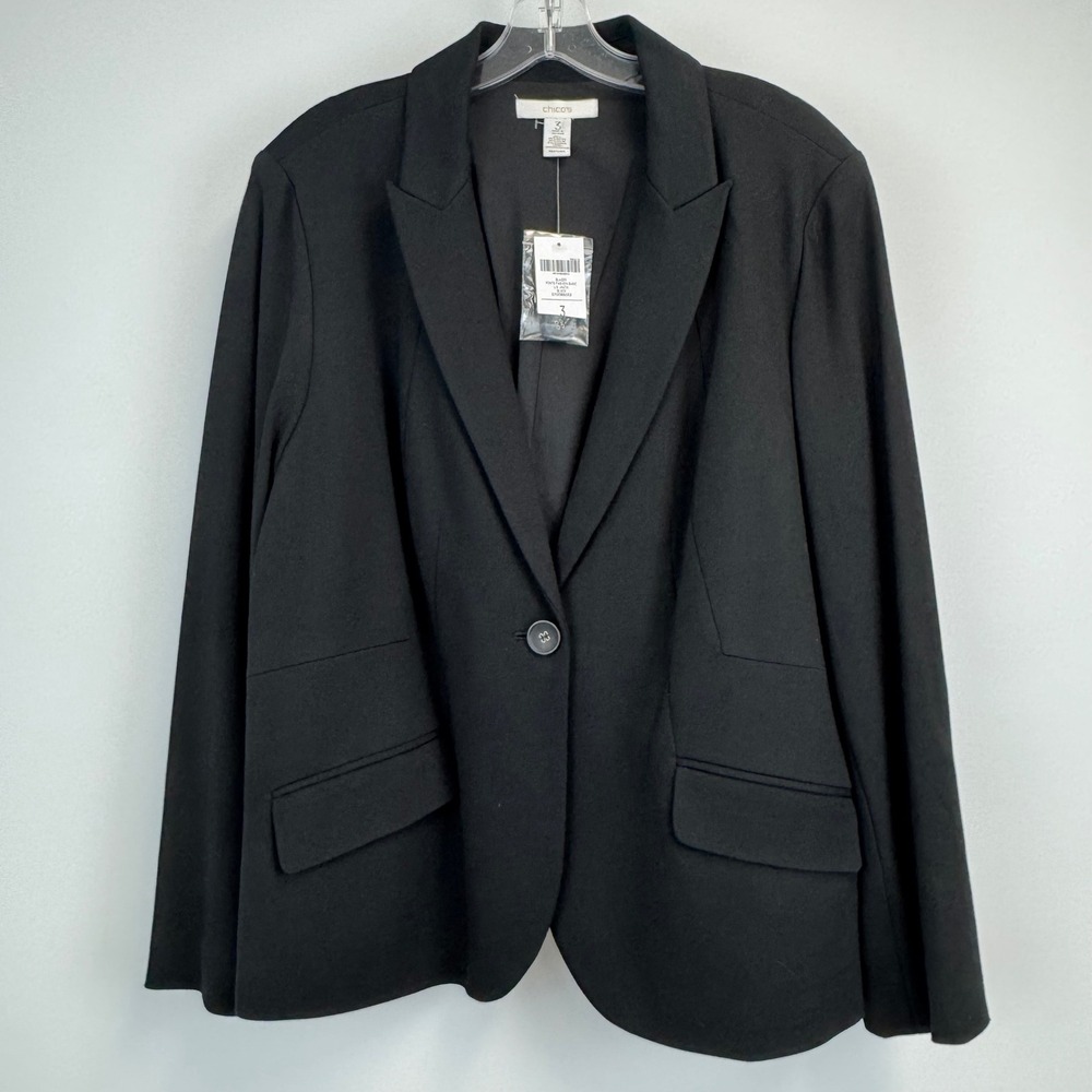 Chicos Ponte Fashion Basic Blazer Black Single Button Jacket Size 3‎ L XL NEW